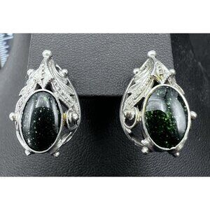 Vintage Victorian Ornate Sterling Silver Green Goldstone Earrings